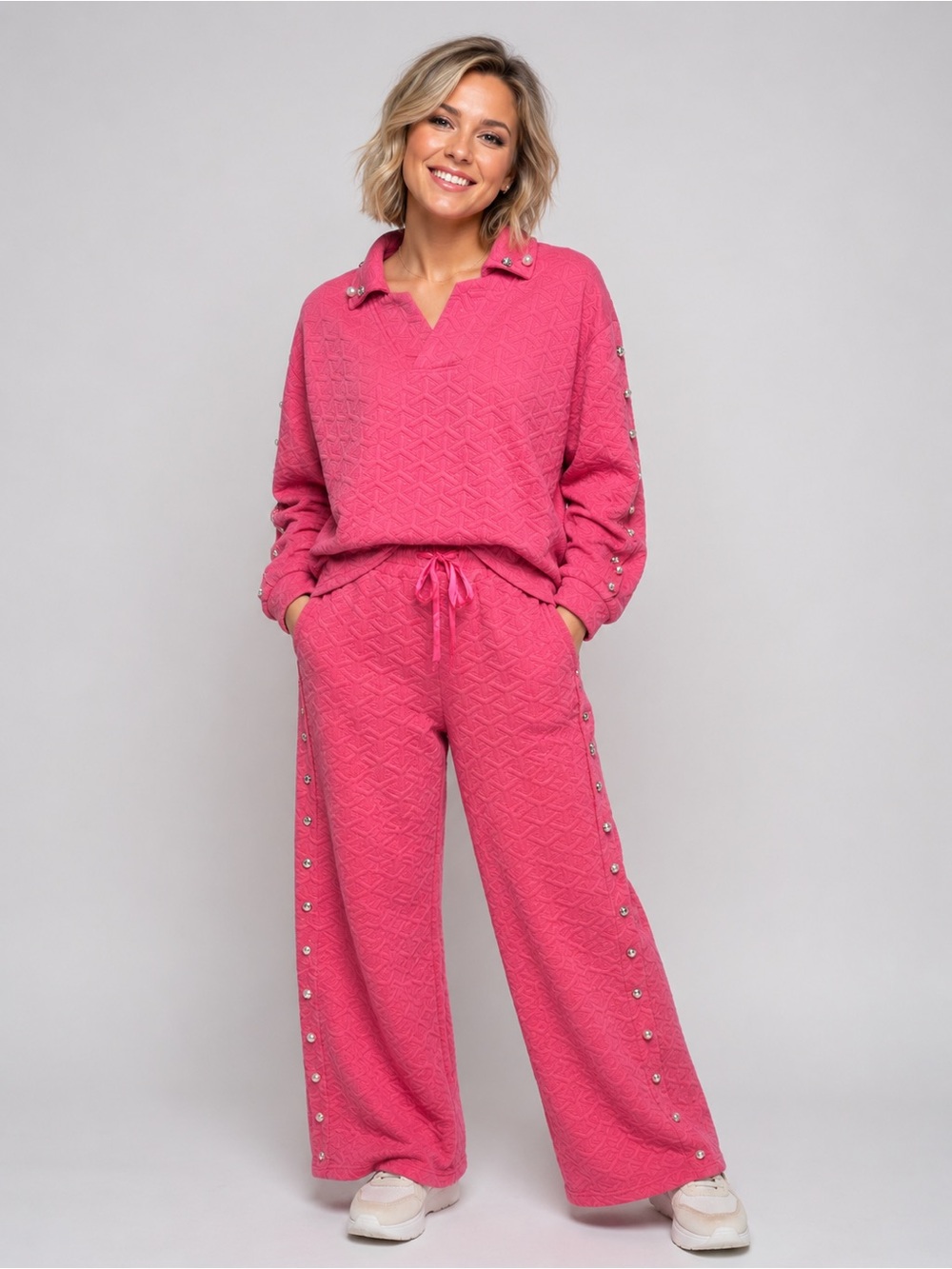Simply Southern Hot Pink Knit Woven Lounge Set with Faux Diamond & Pearls